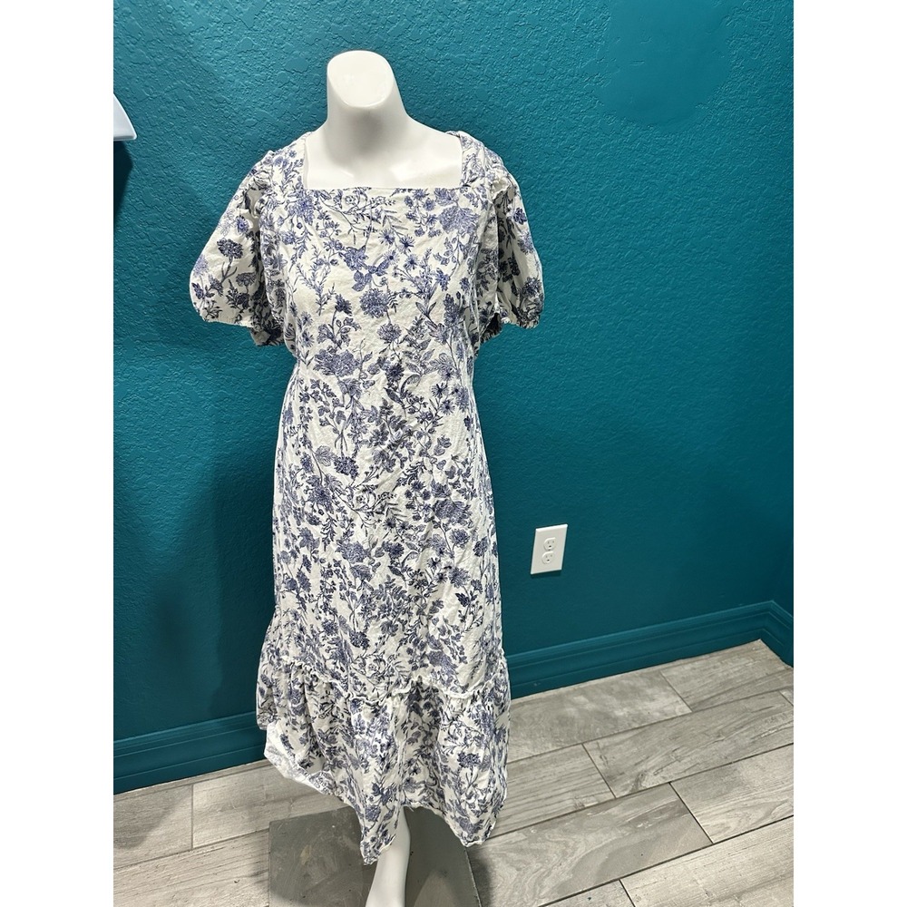 Just Found Blue/White Toile Floral Open Back Midi L